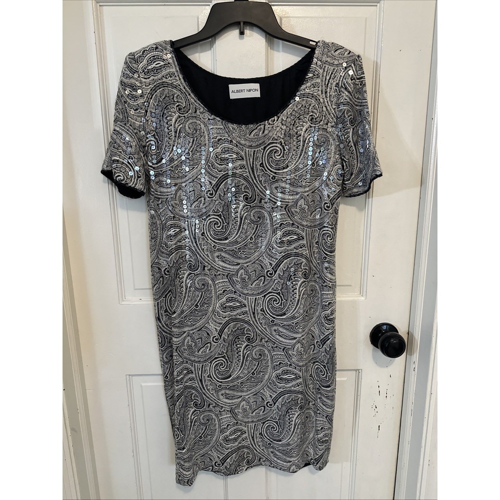 Albert Nipon  Vintage Silk‎ Sequin Cocktail Dress Size 6 Black & White W/ Scarf